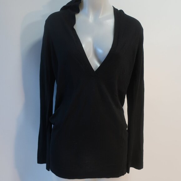 Womens Minnie Rose Black Silk Cashmere Hooded V-Neck Sweater M - Picture 3 of 10
